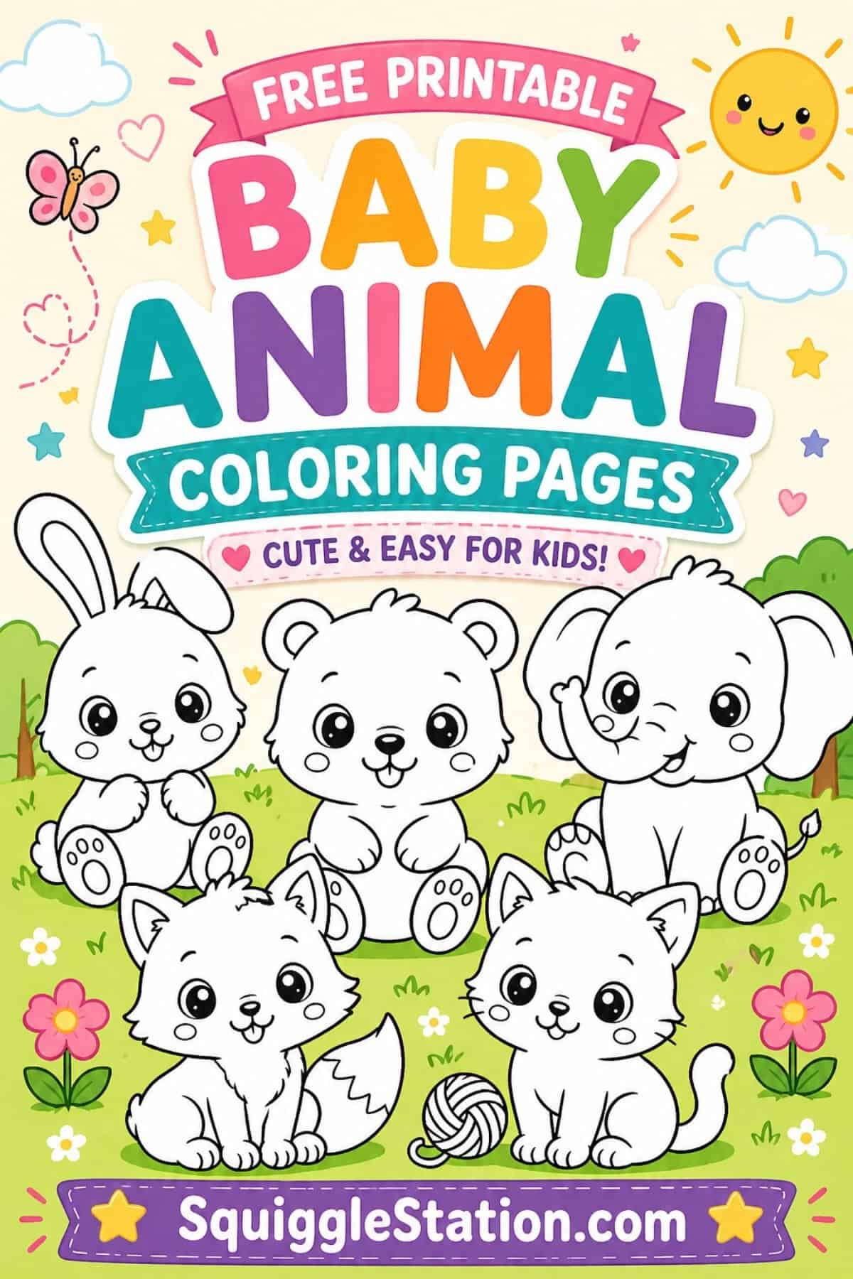 Cute baby animal coloring pages for kids featuring bunny, bear, elephant, fox, and kitten printable PDF