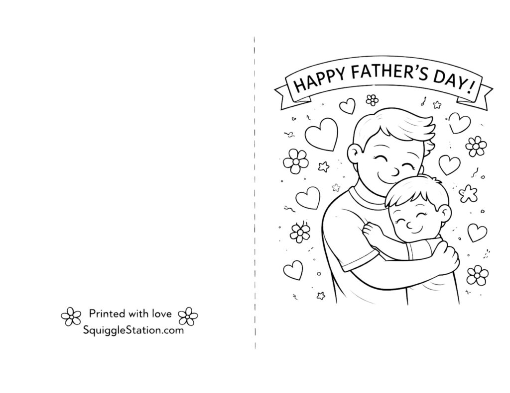 cute dad and kid fathers day card to color free printable for kids with hearts and simple outlines