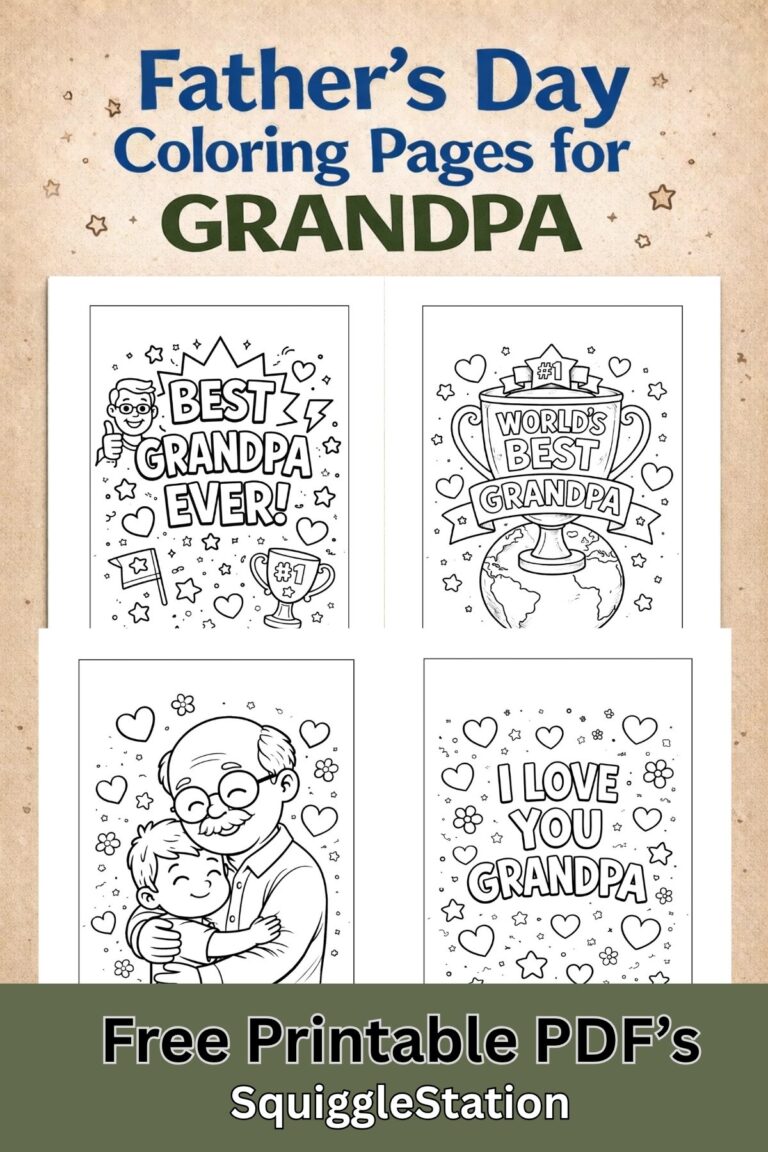 Free Father’s Day coloring pages for grandpa featuring best grandpa ever, I love you grandpa, and printable PDF designs for kids