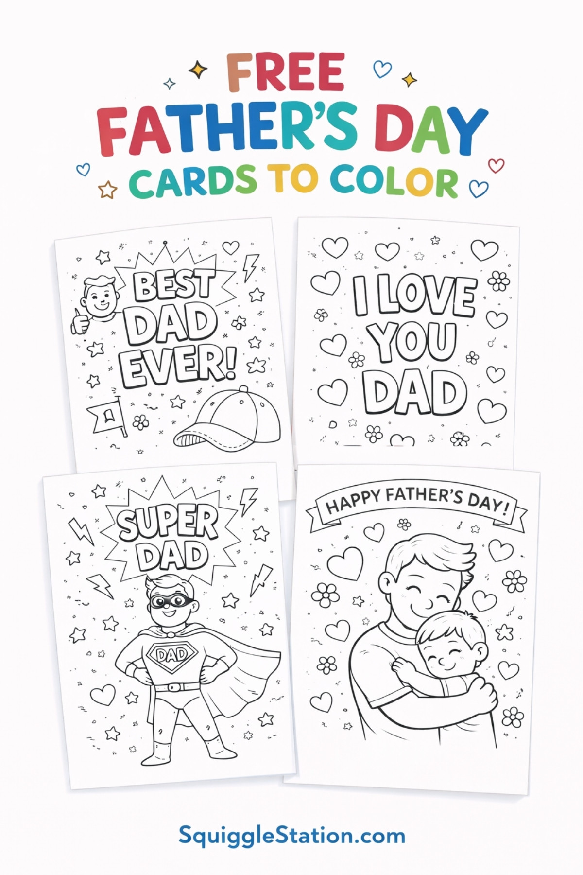 free fathers day cards to color printable for kids with cute designs including best dad ever and super dad