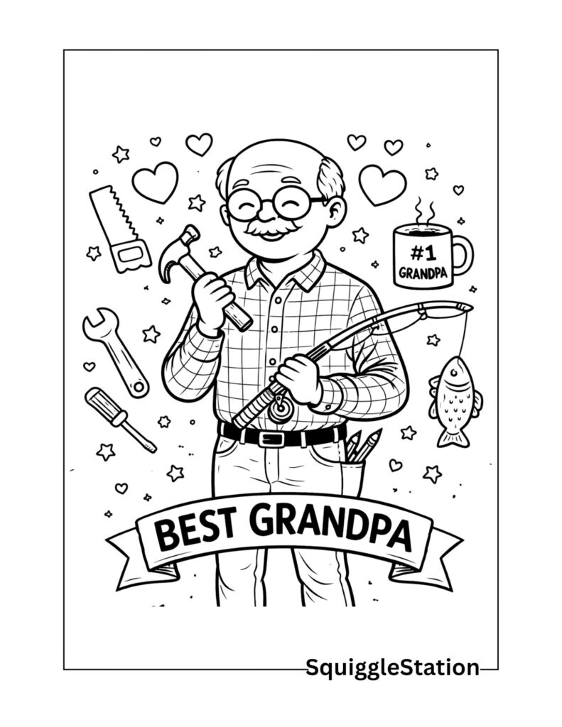 grandpa coloring page with tools hobby theme free printable for kids fathers day