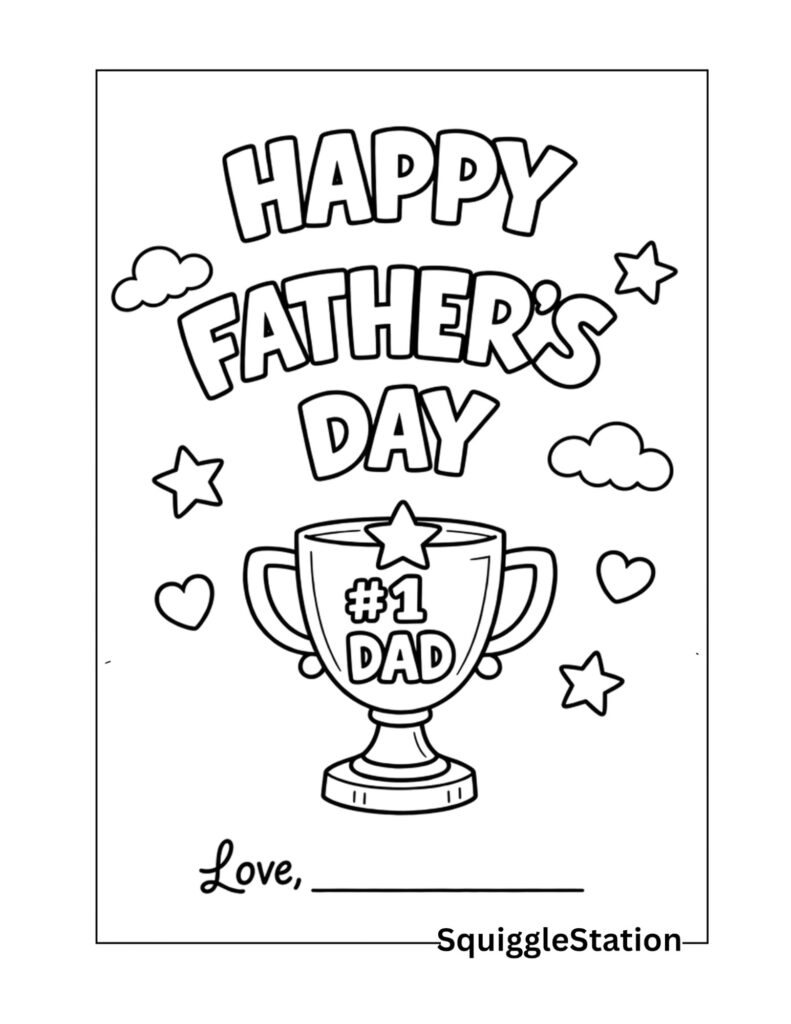 happy fathers day coloring page free printable for kids with bold letters and simple shapes