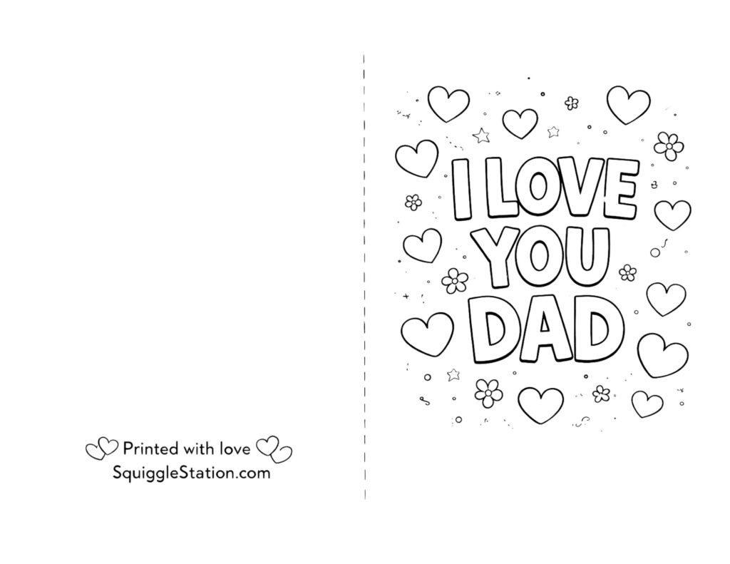 i love you dad card to color free printable for kids with hearts and simple bold outlines