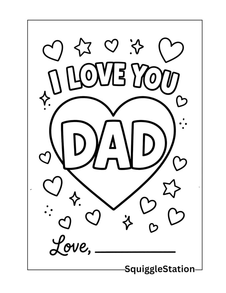 i love you dad coloring page free printable for kids with heart and bold simple outlines