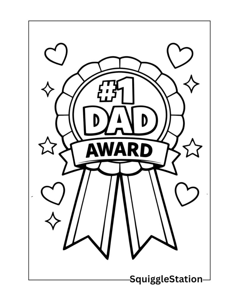 number 1 dad award coloring page free printable with ribbon badge and bold outlines for kids