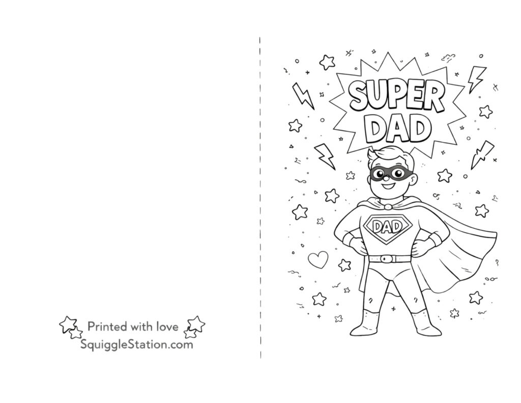 super dad card to color free printable for kids with superhero theme and simple outlines