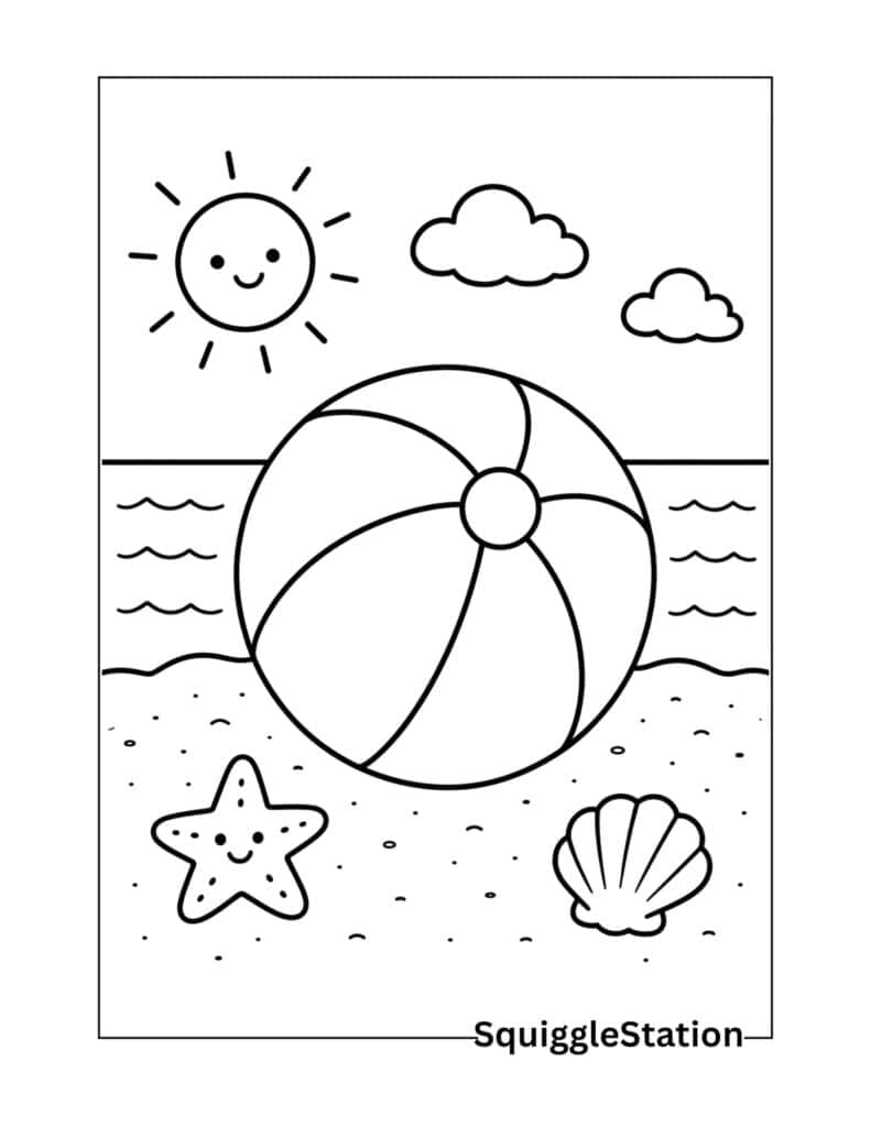 Summer Beach Coloring Pages (Free Printable PDFs for Kids) 4 Beach ball coloring page printable featuring a simple summer beach toy design for kids