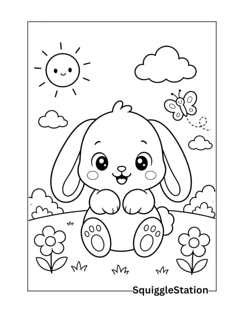  Cute baby bunny coloring page for kids with simple thick outlines