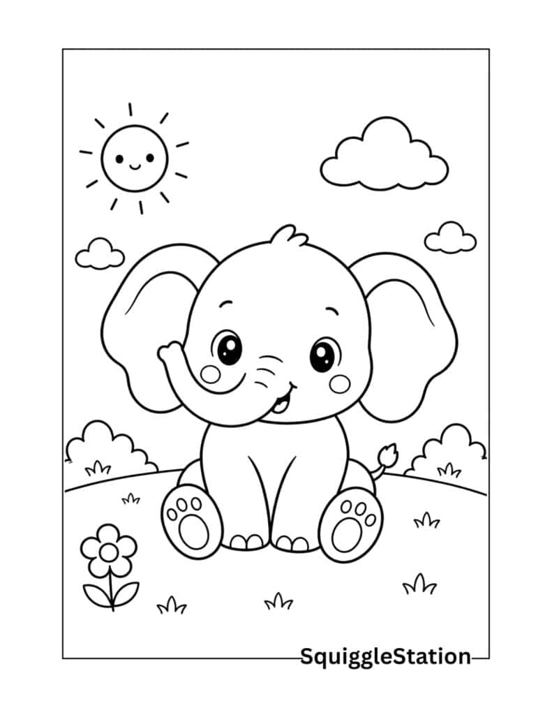Cute baby elephant coloring page for kids with thick simple lines