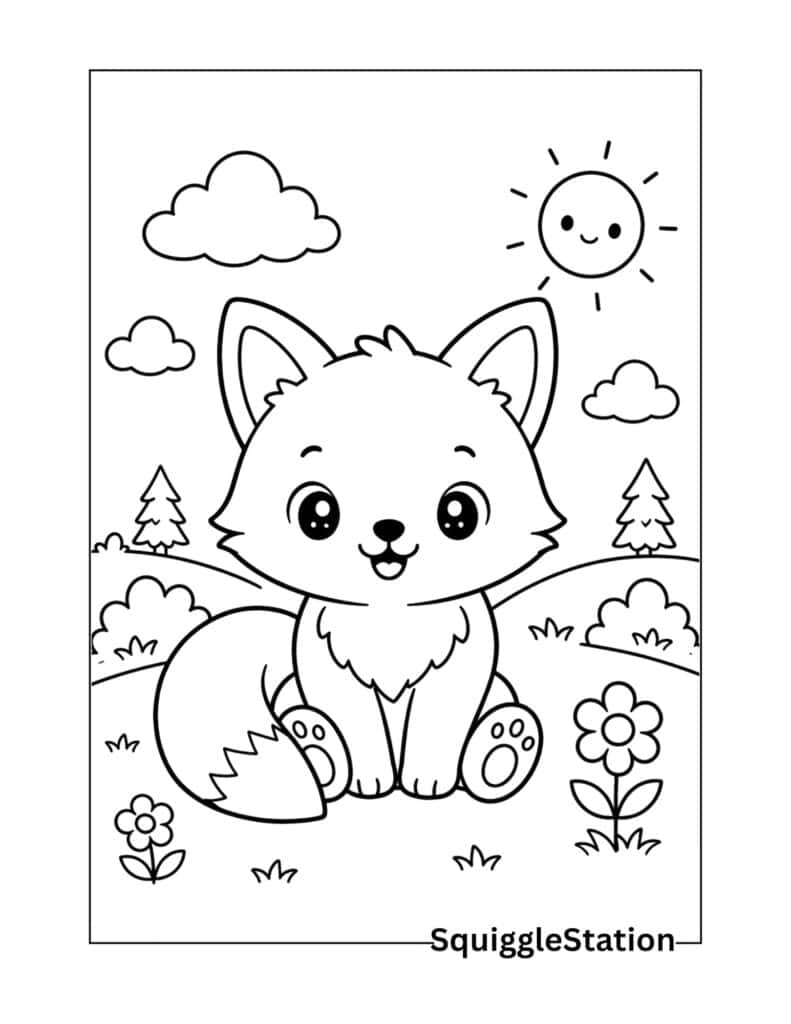  Cute baby fox coloring page for kids with bold easy outlines