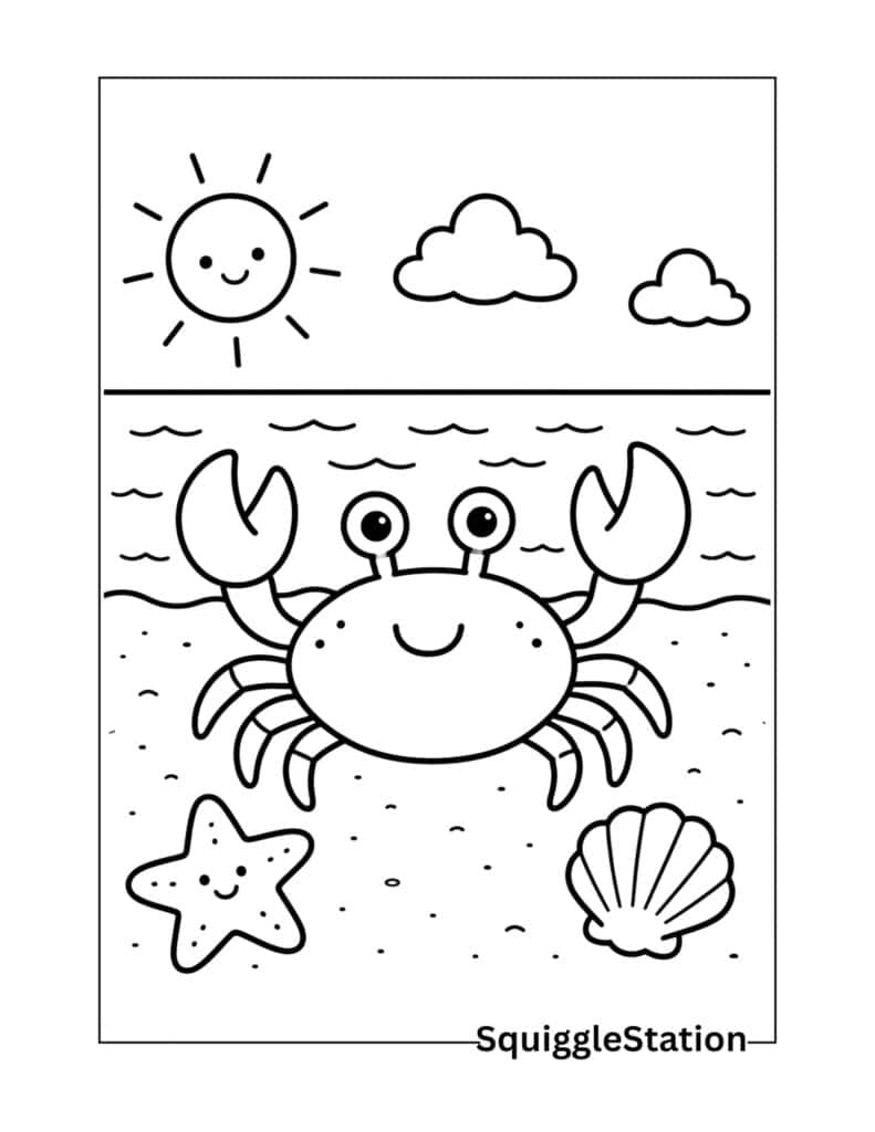 Summer Beach Coloring Pages (Free Printable PDFs for Kids) 6 Cute crab at the beach coloring page printable featuring a happy cartoon crab on a sunny beach