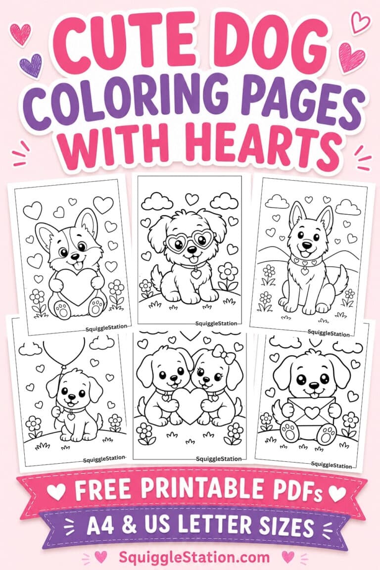 Cute dog coloring pages with hearts featuring puppies holding hearts, balloons, love letters, and other free printable dog coloring sheets.