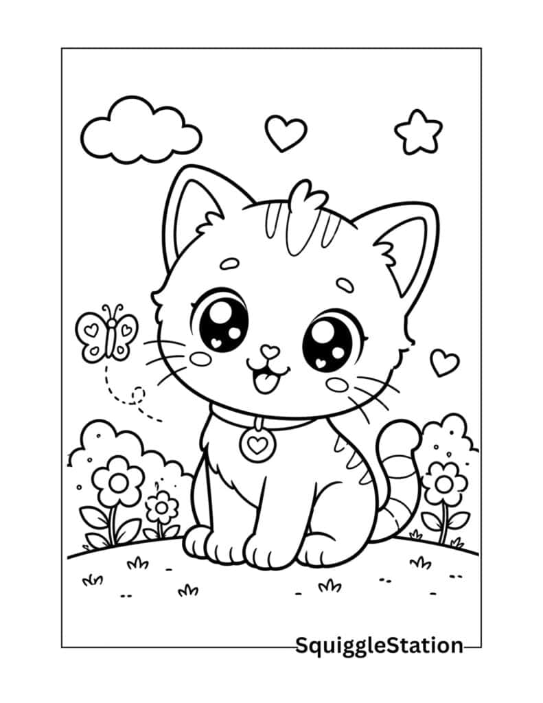 cute kawaii kitten coloring page printable