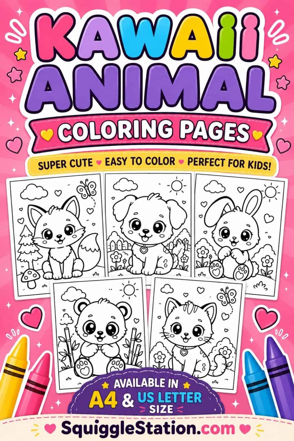 free kawaii animal coloring pages printable for kids featuring cute puppy kitten bunny panda and fox designs, more coming soon
