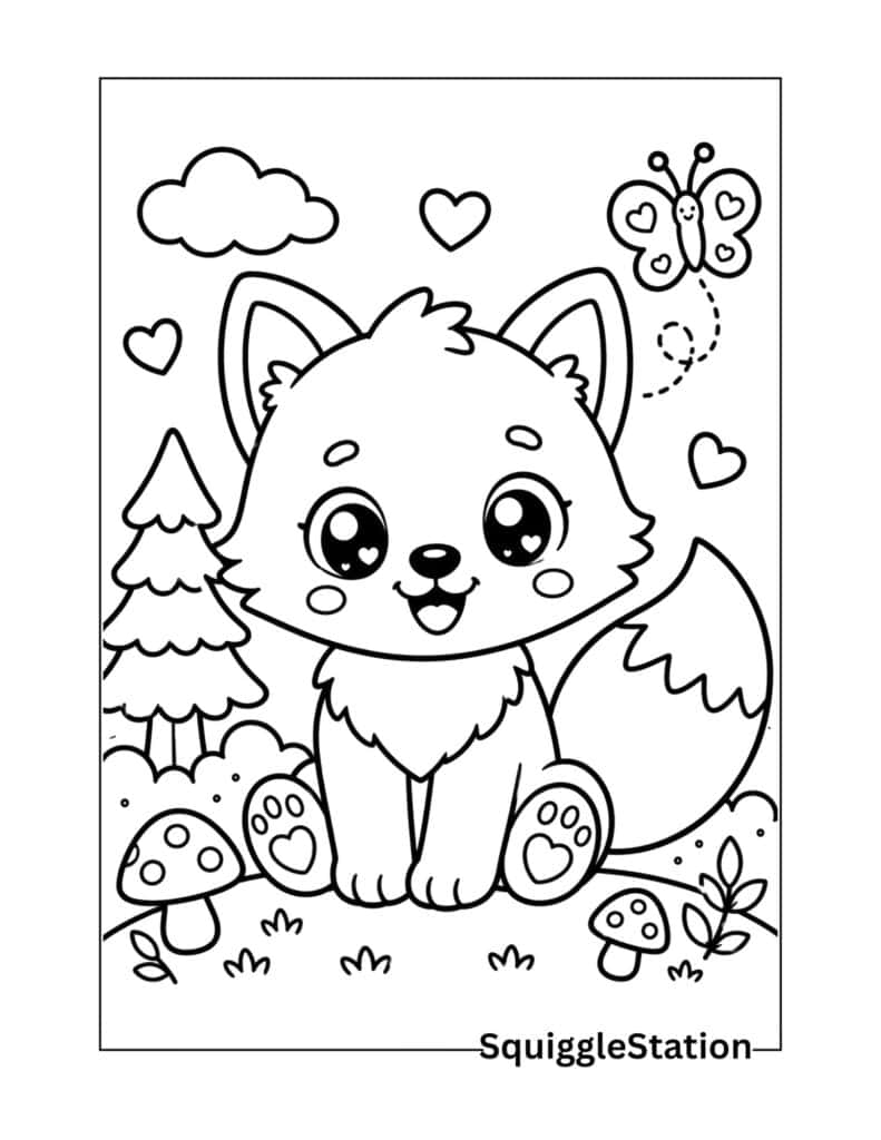 kawaii fox coloring page printable for kids