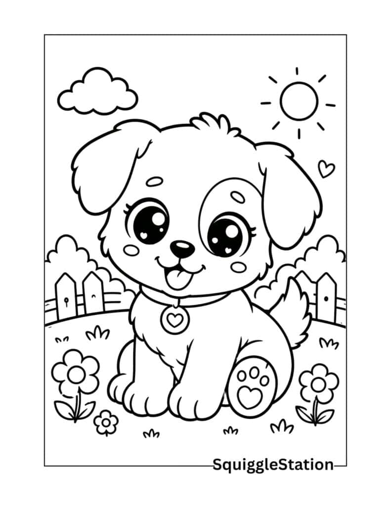 kawaii puppy coloring page printable for kids