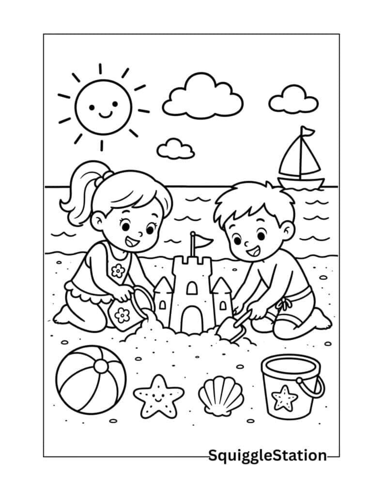 Summer Beach Coloring Pages (Free Printable PDFs for Kids) 2 Kids playing at the beach coloring page printable featuring children enjoying summer fun by the ocean