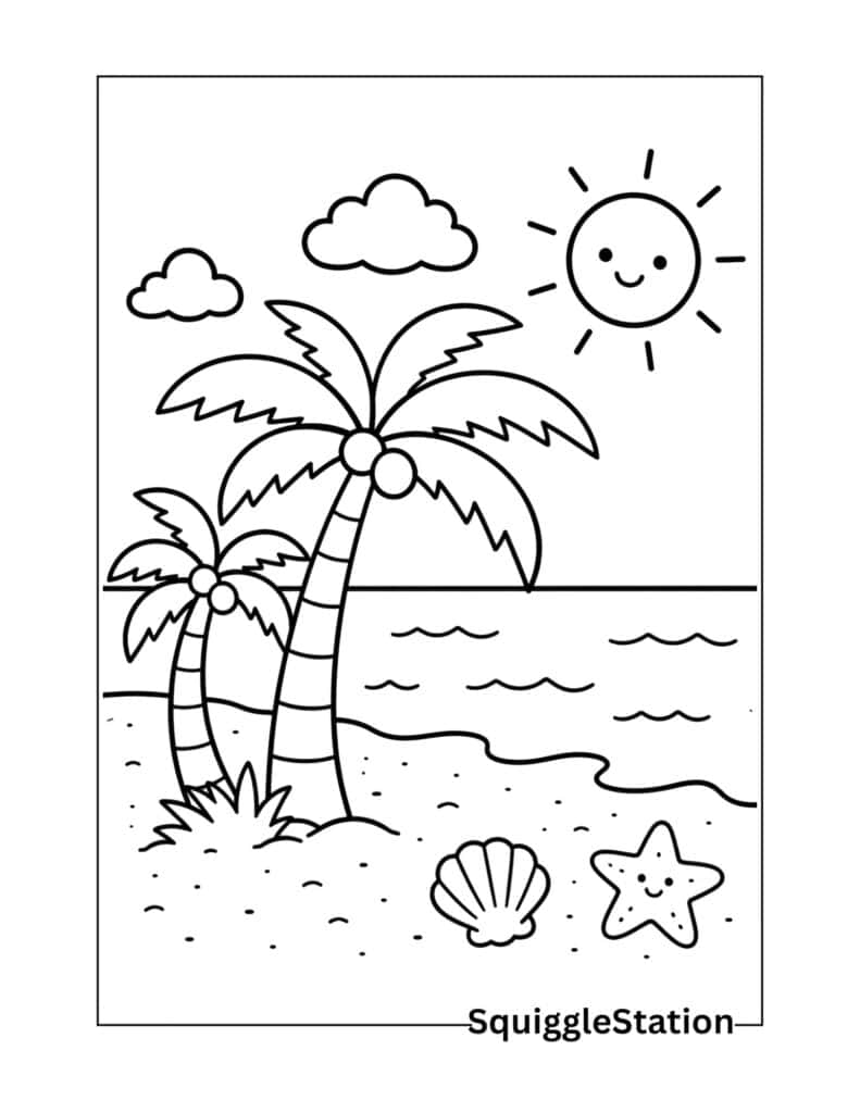 Summer Beach Coloring Pages (Free Printable PDFs for Kids) 5 Palm tree beach scene coloring page printable with tropical ocean waves and summer scenery for kids