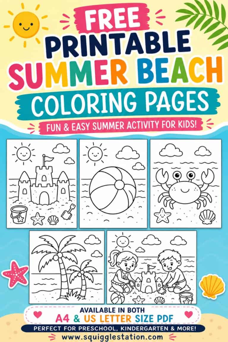 Summer beach coloring pages printable collection featuring kids at the beach, sandcastles, beach balls, palm trees, and cute crab coloring sheets for kids