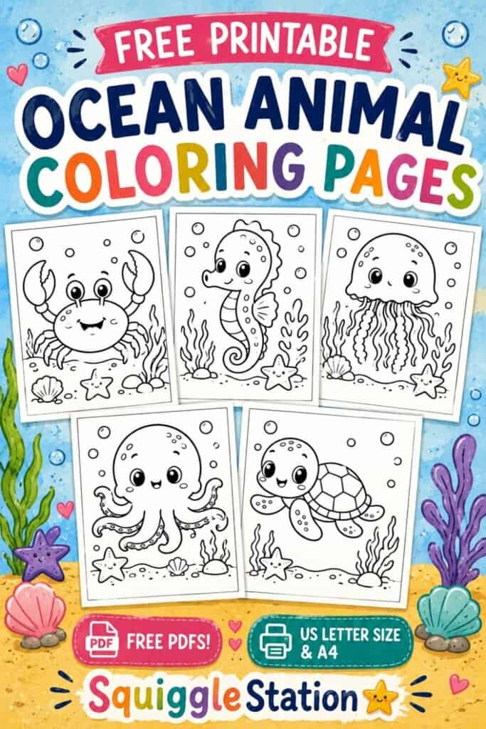 Free printable cute ocean animal coloring pages featuring adorable sea creatures for kids
