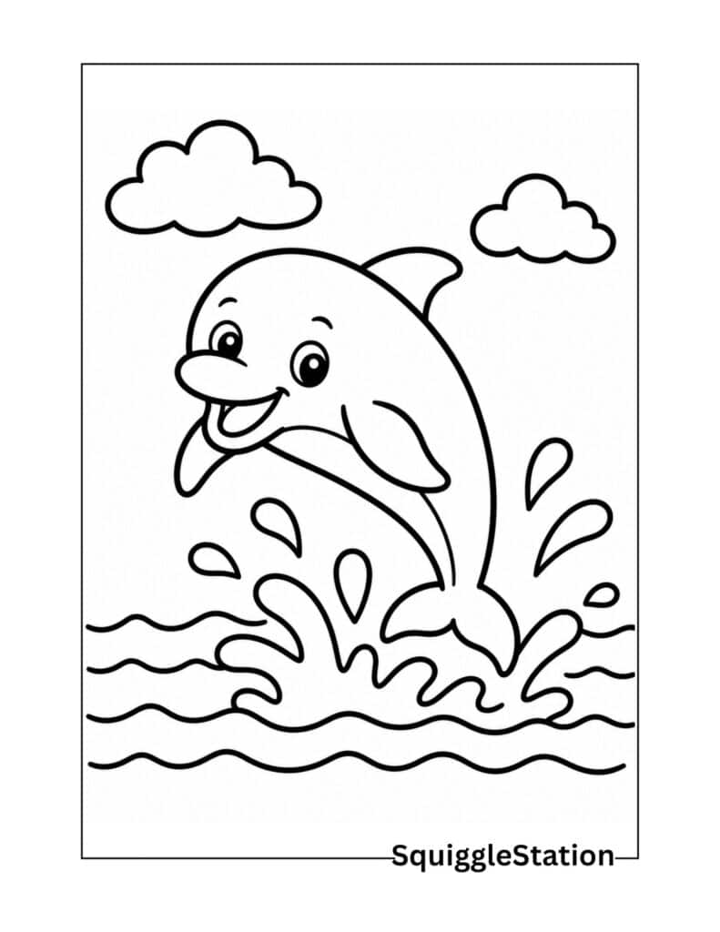 Free Summer Animal Coloring Pages (Cute Printable PDFs for Kids) 4 Dolphin splash coloring page featuring a smiling dolphin jumping above ocean waves.