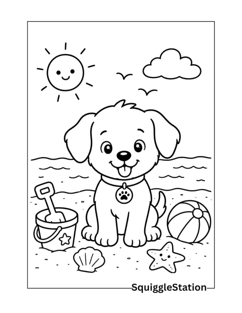 Free Summer Animal Coloring Pages (Cute Printable PDFs for Kids) 2 Puppy at the beach coloring page featuring a smiling puppy playing in the sand with a beach ball and bucket.