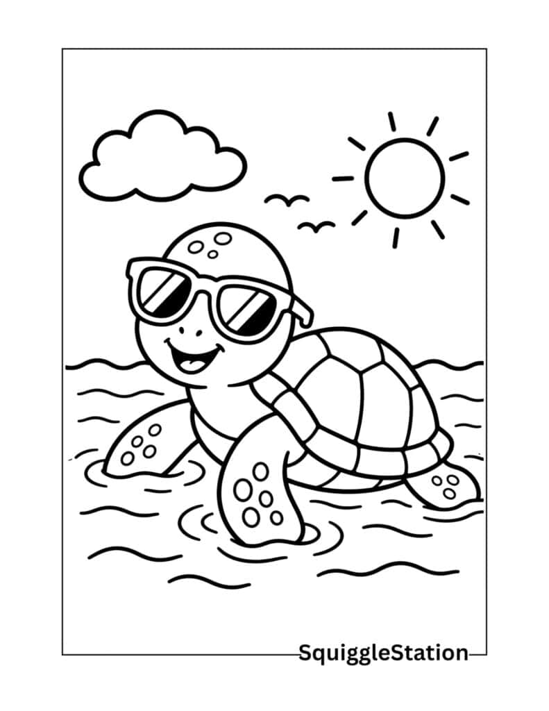 Free Summer Animal Coloring Pages (Cute Printable PDFs for Kids) 5 Sea turtle in sunglasses coloring page floating in the ocean.