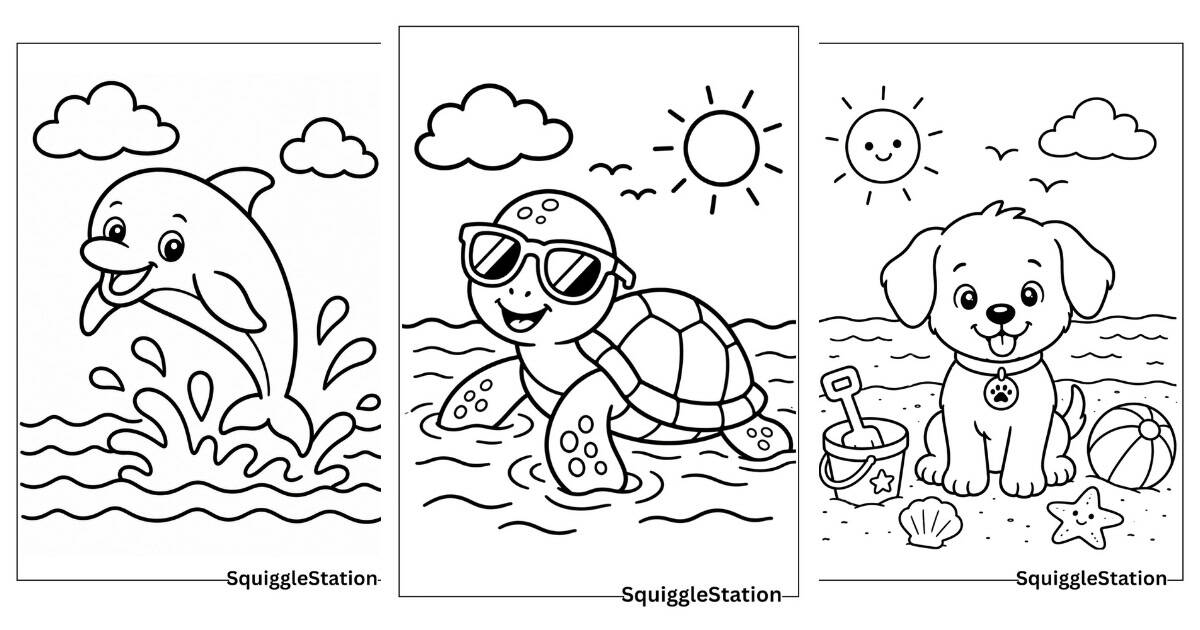 Summer animal coloring pages featuring a puppy at the beach, flamingo, dolphin, sea turtle, and picnic animals.