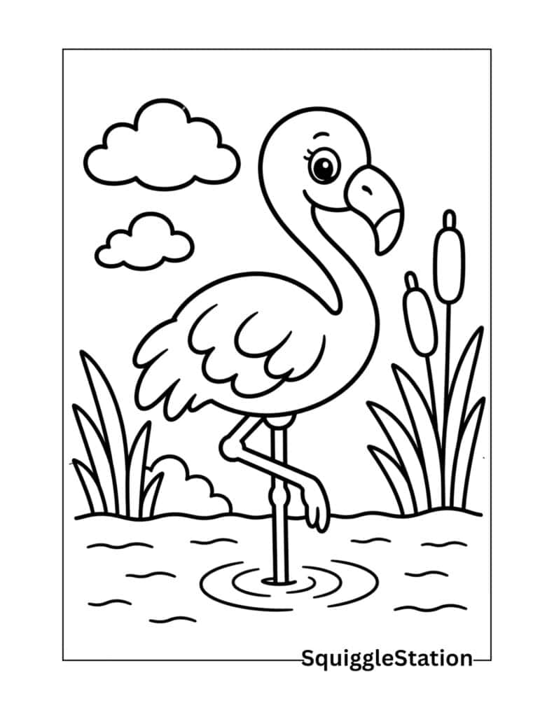 Free Summer Animal Coloring Pages (Cute Printable PDFs for Kids) 3 Summer flamingo coloring page showing a smiling flamingo standing in shallow water.