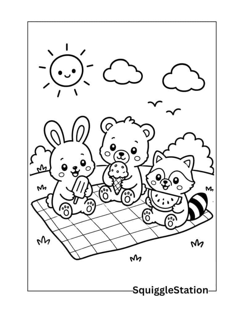 Free Summer Animal Coloring Pages (Cute Printable PDFs for Kids) 6 Summer picnic animals coloring page featuring a bunny, bear, and raccoon enjoying summer treats on a picnic blanket.