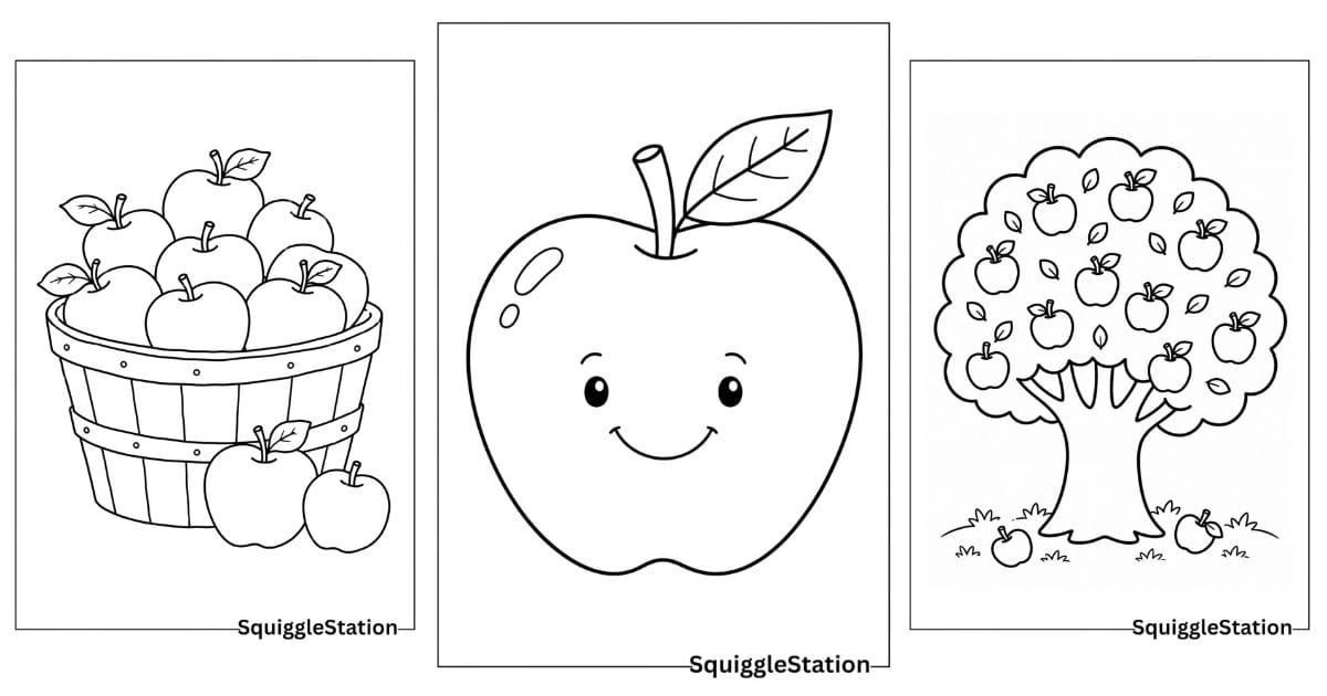 Cute printable apple coloring pages featuring simple apples, apple trees, baskets, and kawaii apple designs.