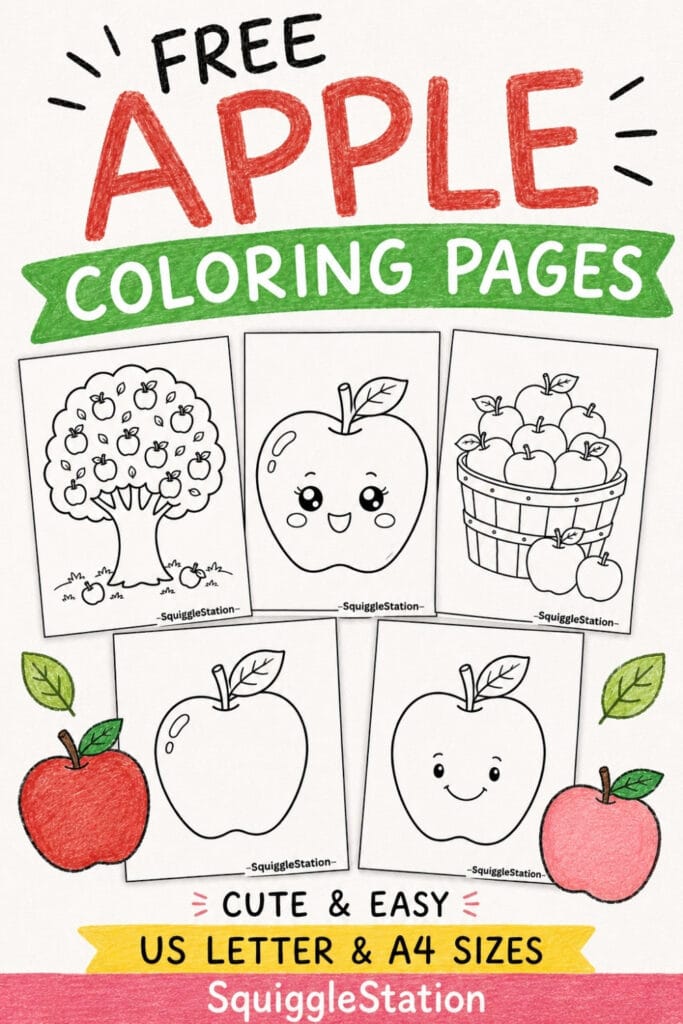 Free Apple Coloring Pages (Cute & Easy Printable PDF Sheets) 7 Free printable apple coloring pages for kids featuring cute apples and simple fall designs.