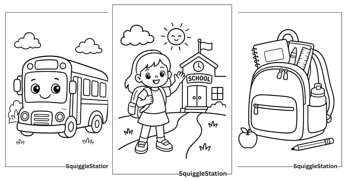 Back to school coloring pages featuring a school bus backpack classroom school supplies and first day of school printables