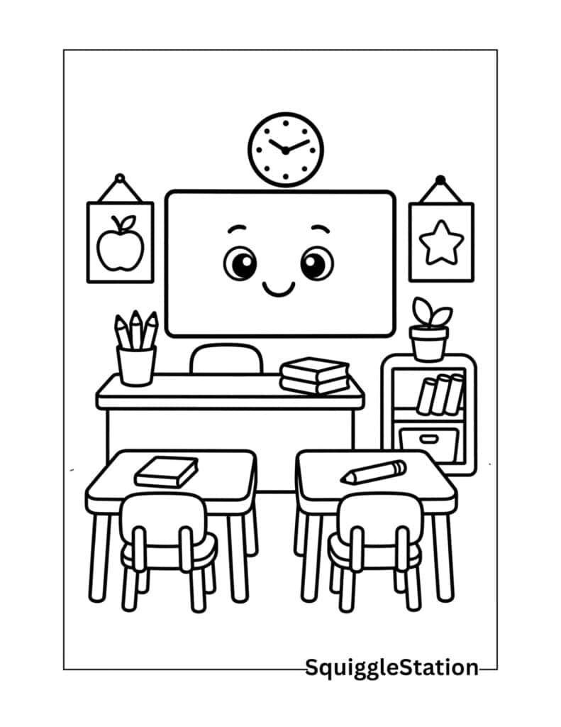Back to School Coloring Pages (Free Printable PDFs for Kids) 3 Classroom coloring page featuring a cute school classroom scene for kids