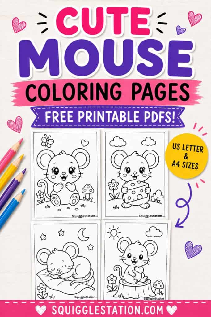 Cute Mouse Coloring Pages (Free Printable PDF Sheets for Kids) 7 pinterest share image for cute mouse coloring pages article