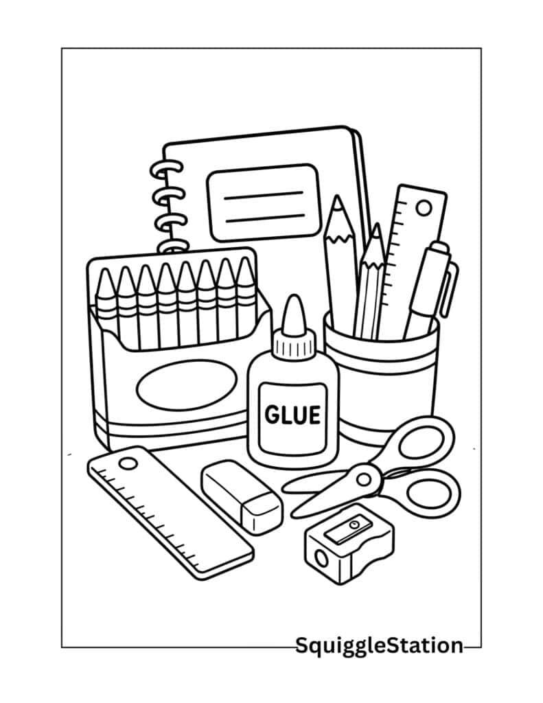 Back to School Coloring Pages (Free Printable PDFs for Kids) 7 School supplies coloring page with pencils, crayons, notebooks, and more.