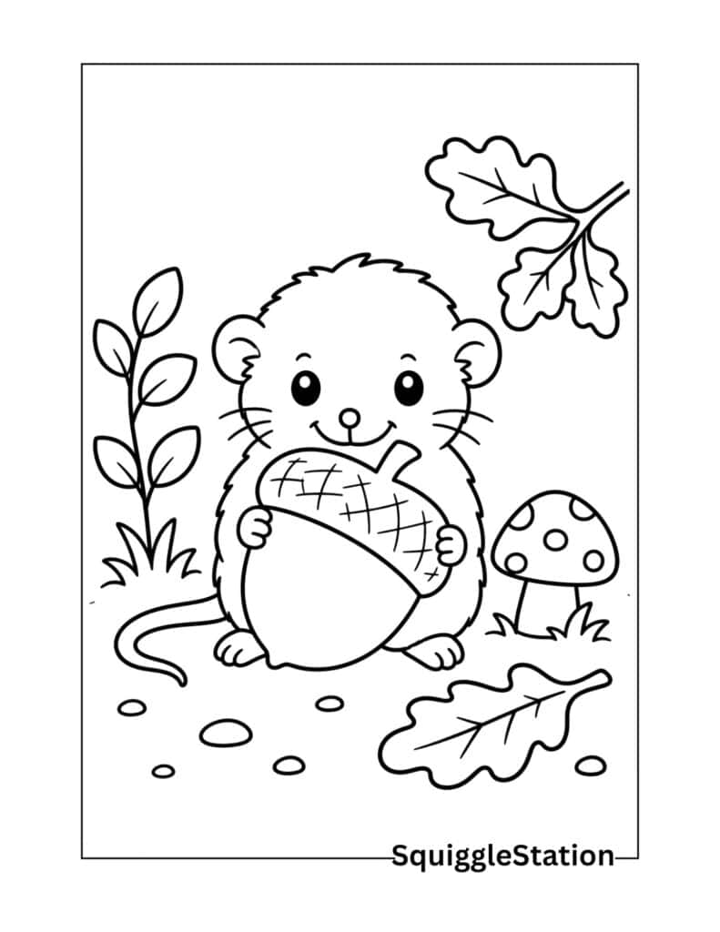 Cute Shrew Coloring Pages (Free Printable PDFs for Kids) 3 Cute shrew holding an acorn coloring page printable.
