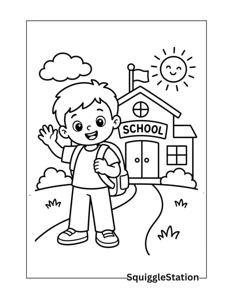 Back to School Coloring Pages (Free Printable PDFs for Kids) 5 First day of school boy coloring page featuring a happy student with a backpack