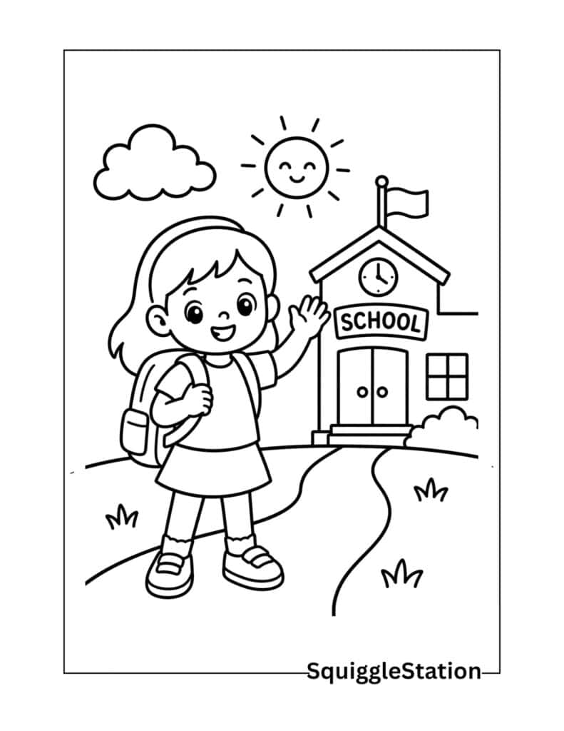 Back to School Coloring Pages (Free Printable PDFs for Kids) 6 First day of school girl coloring page featuring a happy student with a backpack