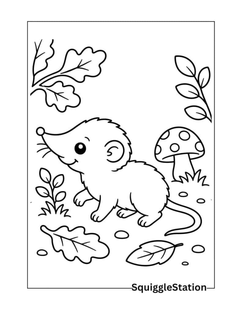 Cute Shrew Coloring Pages (Free Printable PDFs for Kids) 5 Happy woodland shrew coloring page in a forest.