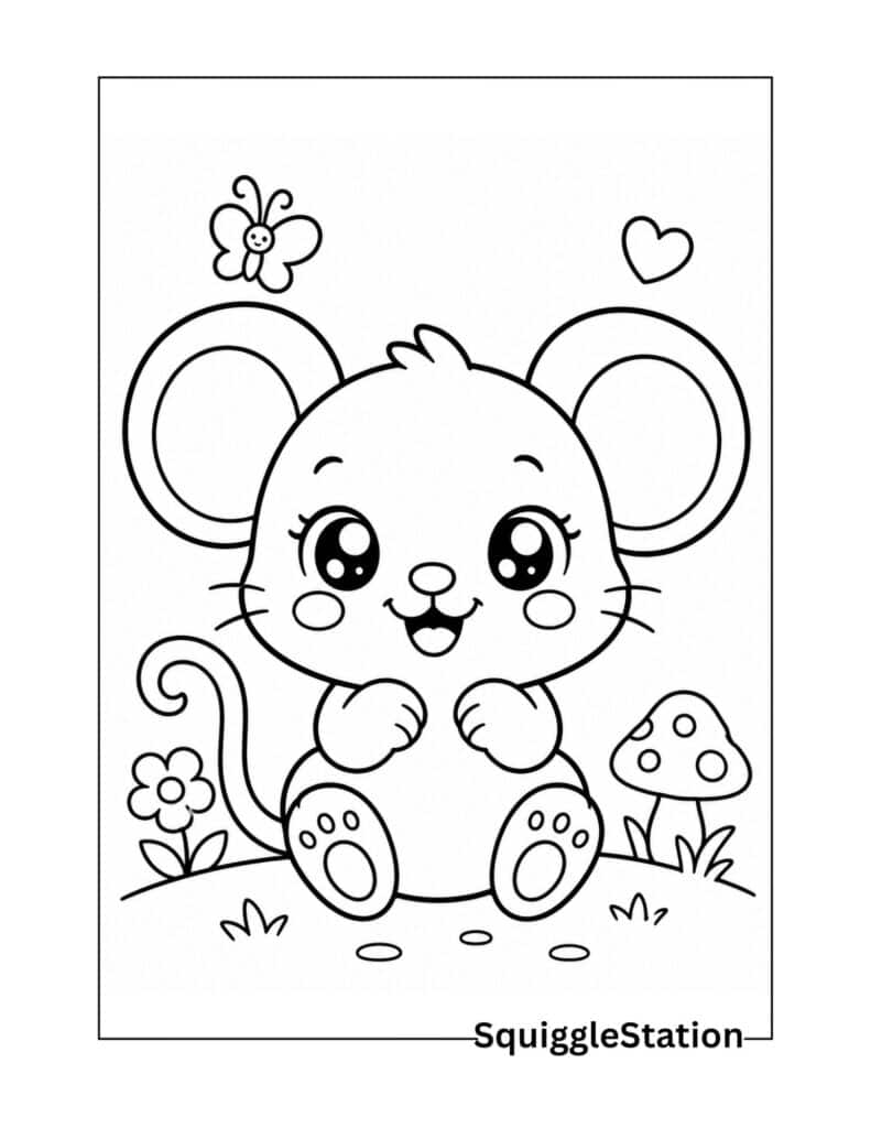 Cute Mouse Coloring Pages (Free Printable PDF Sheets for Kids) 6 Kawaii mouse coloring page with cute cartoon style for kids.