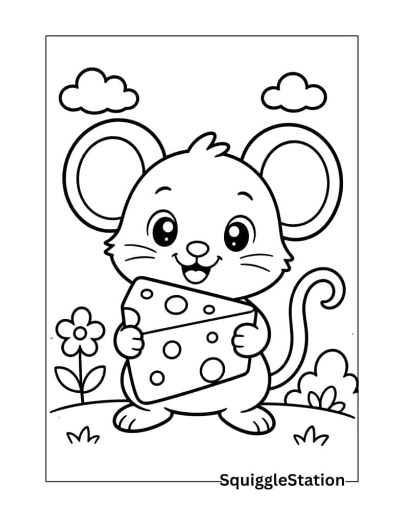 Cute Mouse Coloring Pages (Free Printable PDF Sheets for Kids) 5 Cute mouse holding a piece of cheese coloring page.
