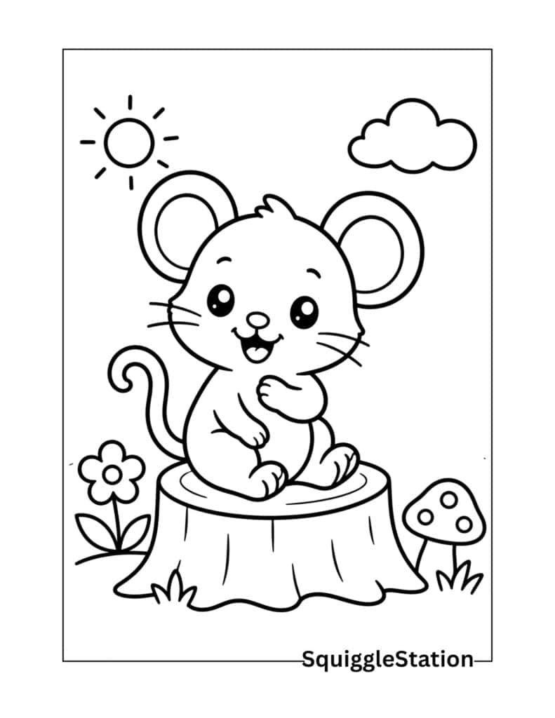 Cute Mouse Coloring Pages (Free Printable PDF Sheets for Kids) 3 Cute mouse sitting on a tree stump coloring page.