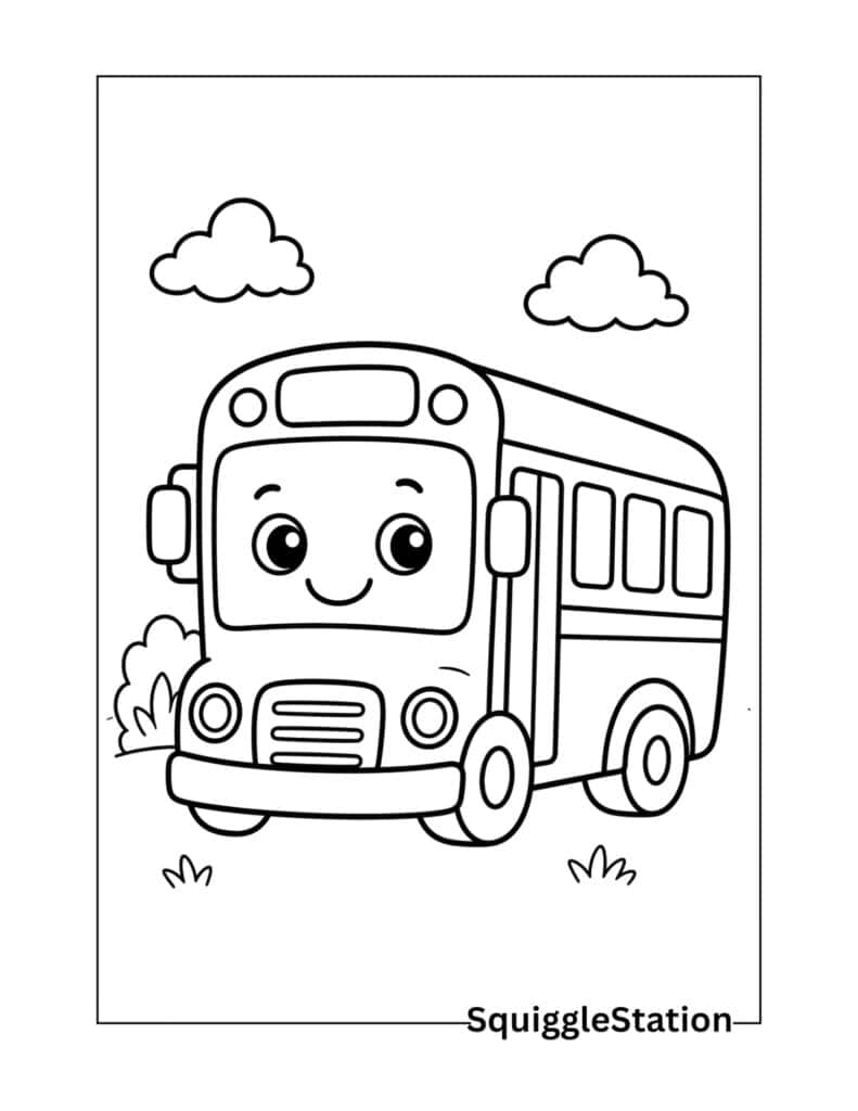 Back to School Coloring Pages (Free Printable PDFs for Kids) 2 School bus coloring page with a cute smiling school bus printable for kids