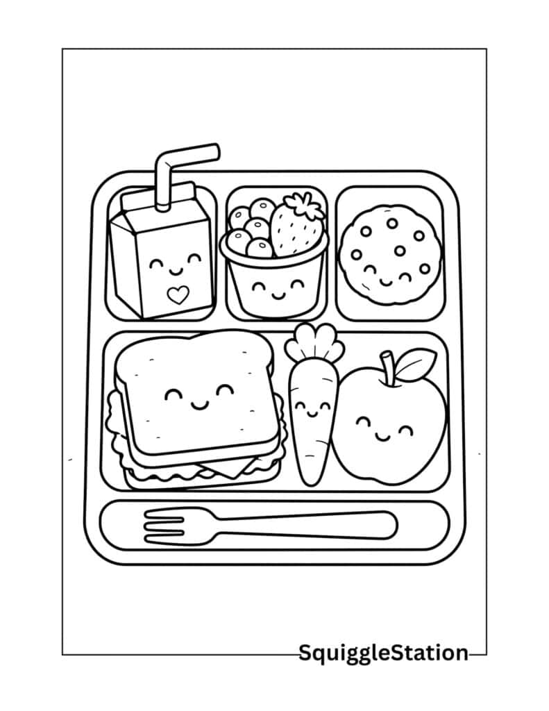 Back to School Coloring Pages (Free Printable PDFs for Kids) 8 School lunch coloring page featuring a cute lunch tray with healthy food for kids