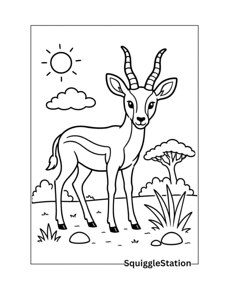 Antelope standing in the savannah coloring page with easy printable African wildlife scenery