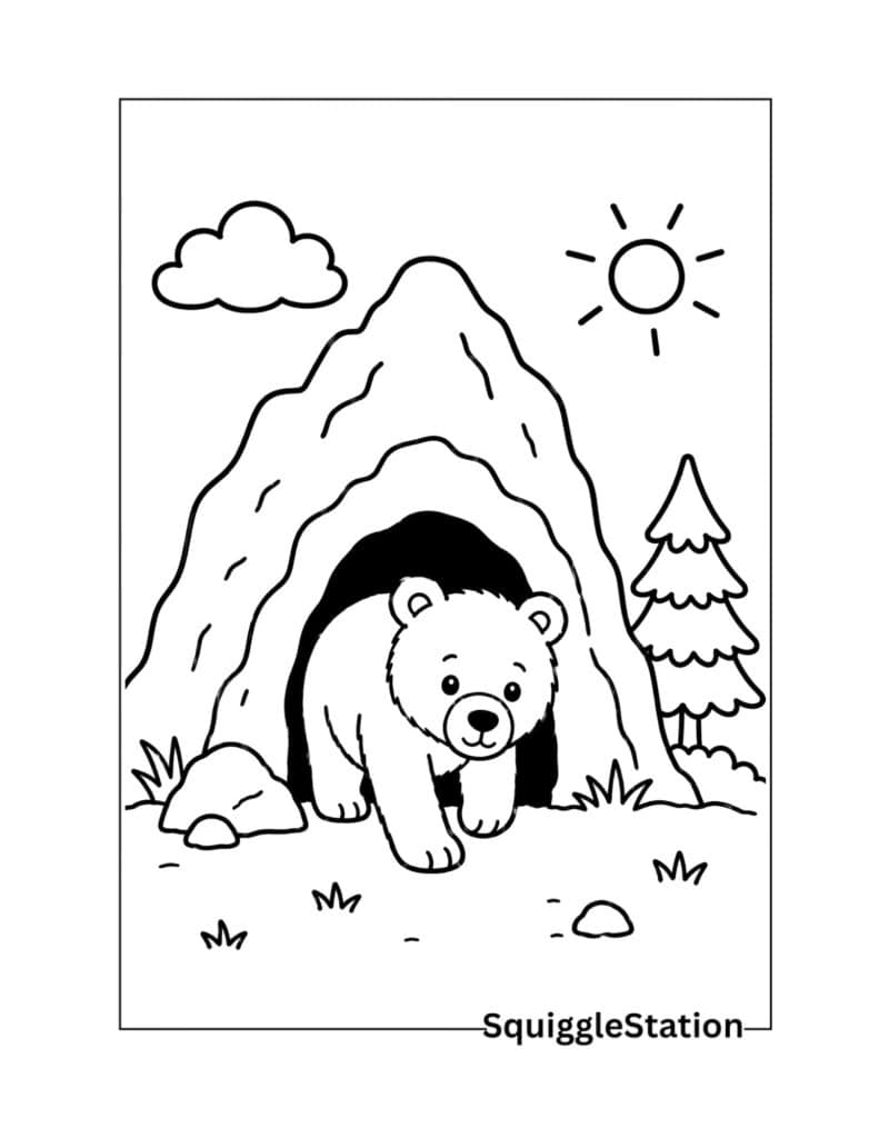 Cute Bear Coloring Pages (Free Woodland Printables) 10 Brown bear coloring page in a simple woodland setting coming out of a cave
