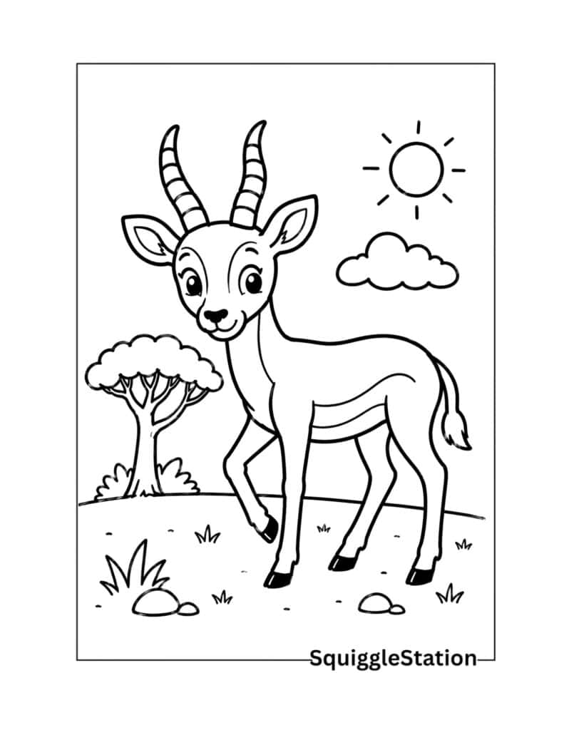 Cartoon antelope coloring page featuring a happy printable safari animal for kids