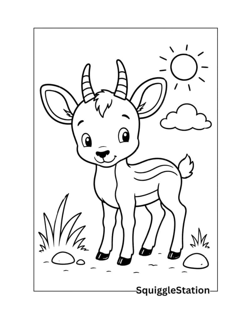 Cute baby antelope coloring page with an easy printable safari animal design for kids