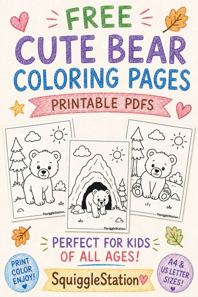 Cute Bear Coloring Pages (Free Woodland Printables) 11 Cute bear coloring pages featuring three printable bear designs in simple woodland and mountain scenes.